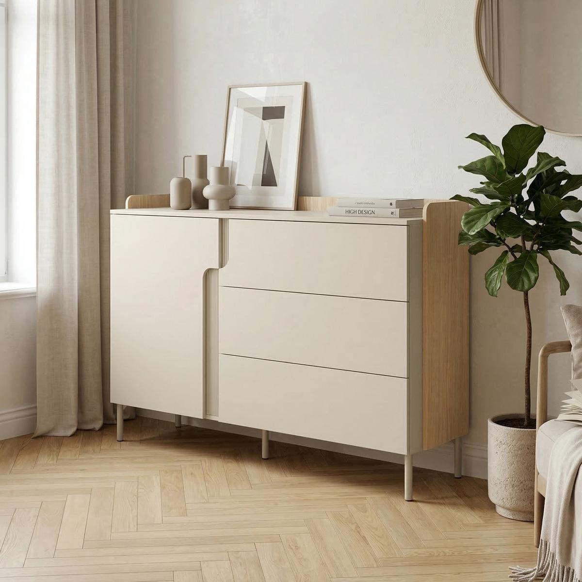 KOMMODE Positivo mit 1 Tür und 3 Schubladen, 140 cm, Mavelie-Eiche + Macadamia - Eichefarben, Holzwerkstoff (143/95/42cm) - Beautysofa