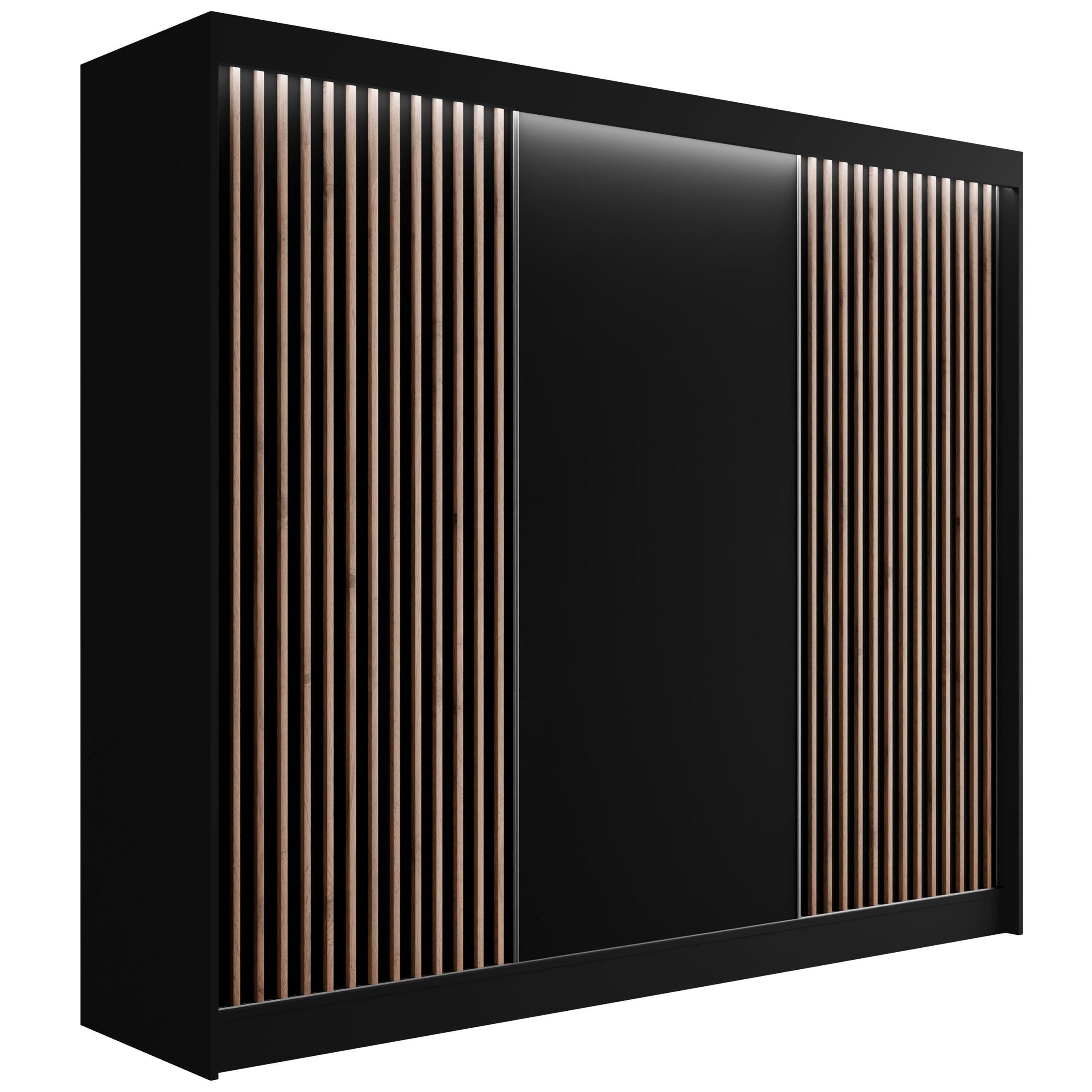 KLEIDERSCHRANK mit LED, Lamel-Schiebetüren VILANv2 - 250 cm Schwarz + Lamelle Eiche Wotan - Eiche Wotan/Schwarz, Holzwerkstoff (250/215/61cm) - ALTDECOR