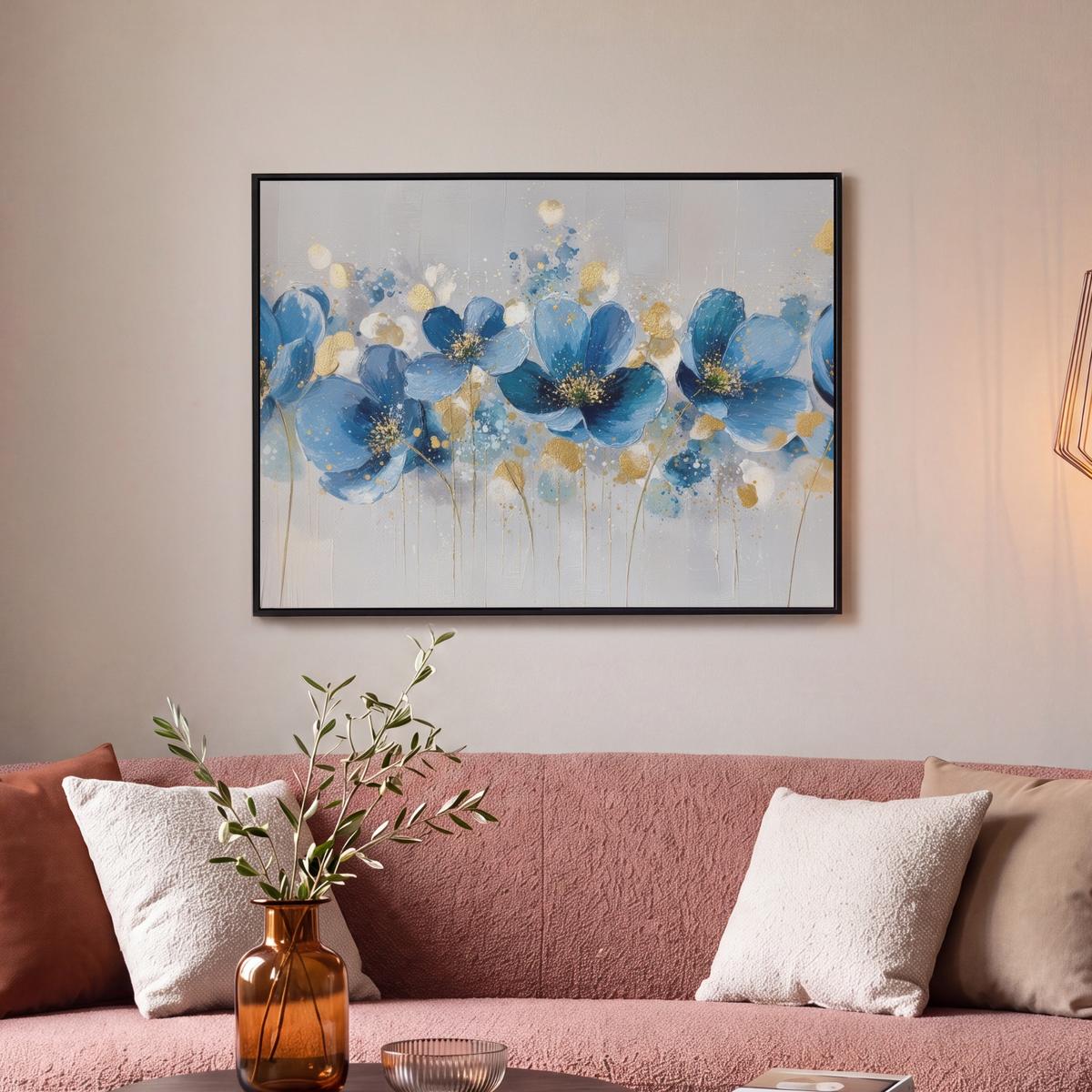 LEINWAND Bilder mit Rahmen - Blumen - Blau - Abstrakt - 70x50 - Hellgrau, Textil (70/50cm) - MuchoWow