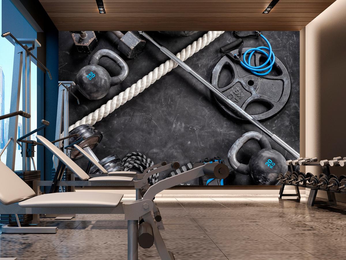 FOTOTAPETE für Fitnessstudio Sportgeräte zum Trainieren Kettlebells Hanteln 150x105 - Blau/Creme, Papier (150/105cm) - Muralo