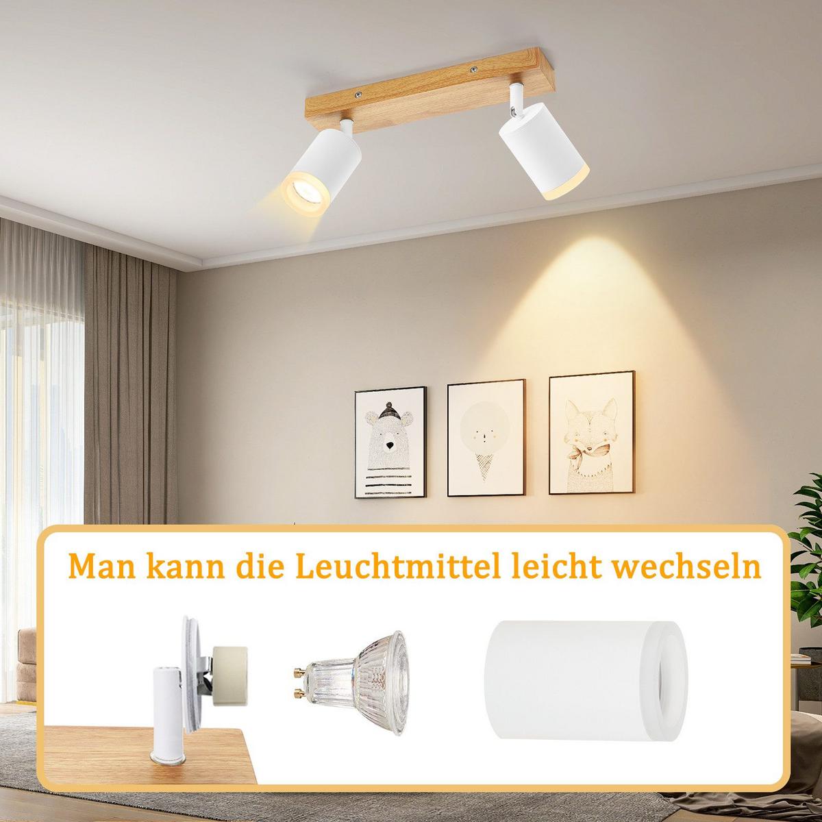 DECKENSTRAHLER Darmstadt 2-flammig 28/6/15 cm - Weiß, Holz (28/6/15cm) - Nettlife