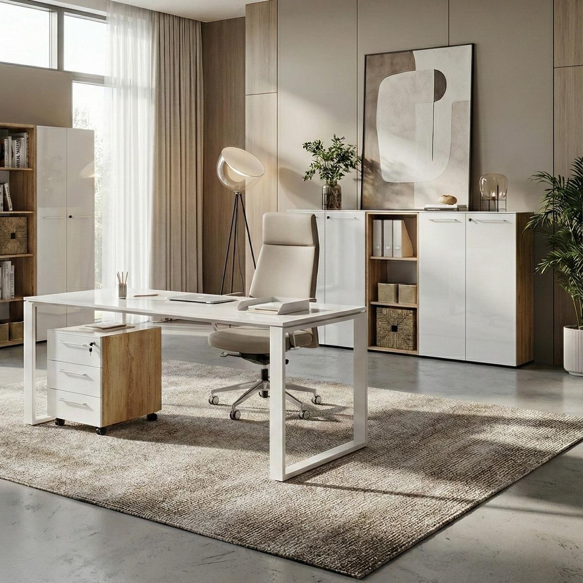 BÜRO-SET MUENCHEN 5-teilig | Glasfront Abschließbar | Schreibtisch, Container, 2 Schränke, Regal | Chalet-Eiche-Nb./Weiß - Weiß/Braun, Holzwerkstoff/Metall (415/120/80cm) - KADIMA DESIGN