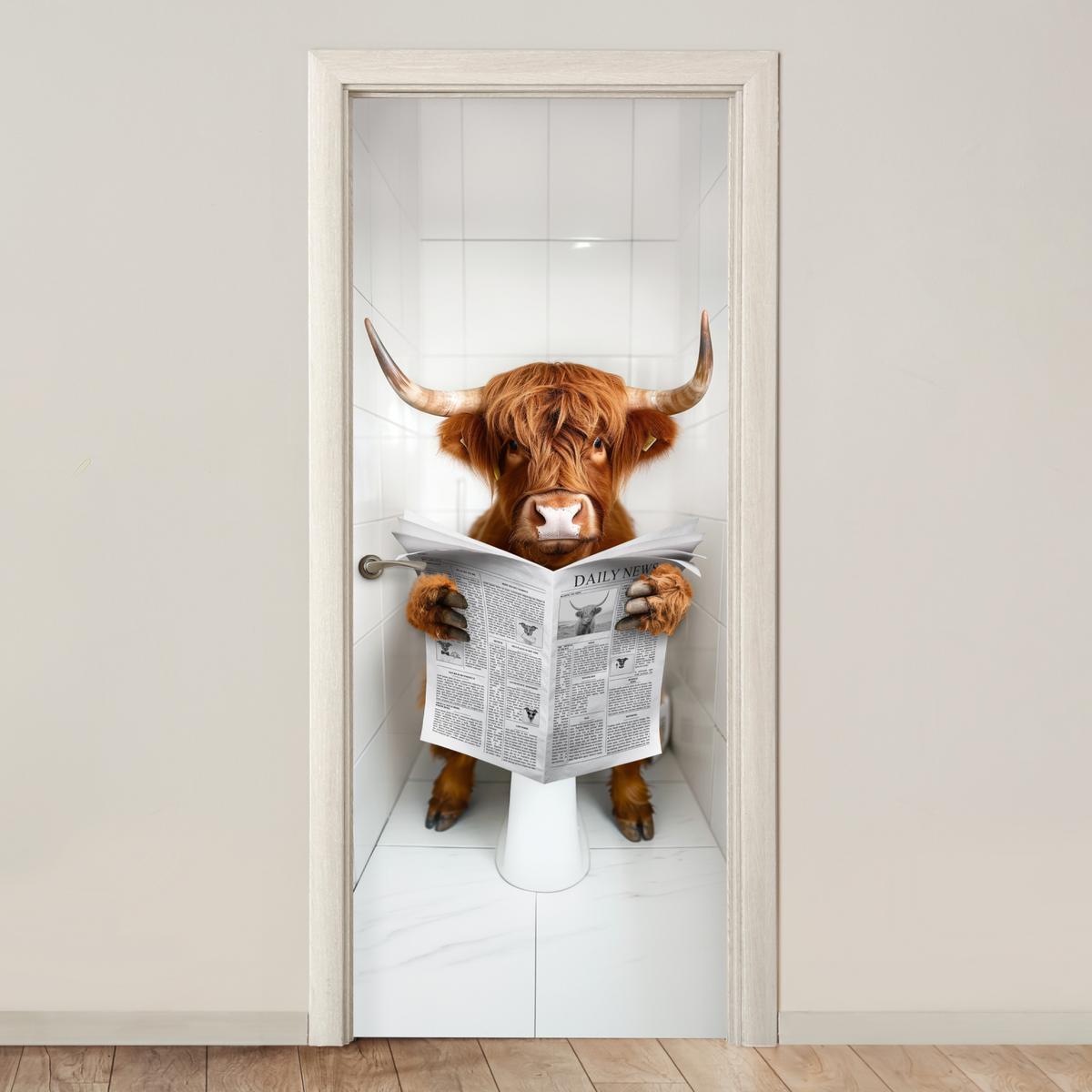 TÜRAUFKLEBER Scottish Highlander - Zeitung - WC - Tier Deko Wohnzimmer 95x235 cm - Türtapete - Weiß, Kunststoff (95/0.1/235cm) - MuchoWow