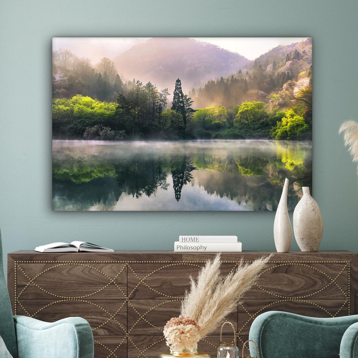 LEINWANDBILD Natur - Bäume - Berge - See - Wasser Groß 140x90 cm - Hellgrün, Textil (140/90cm) - MuchoWow