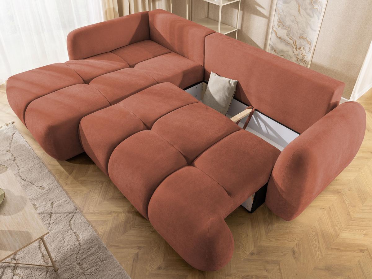 ECKSOFA Loretto aus natürlichem Terrakotta Webstoff mit Schlaffunktion, Bettkasten und tiefen Steppungen in Bubble-Optik - Terracotta/Schwarz, Holz/Kunststoff (180/275cm) - S-Style