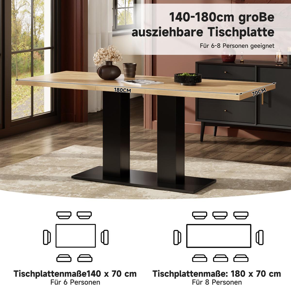 ESSTISCH ausziehbarer holzoptik 140 bis 180 cm, säulengestell für 6-8 personen - Naturfarben, Holzwerkstoff (70/180/75cm) - Urban Meuble