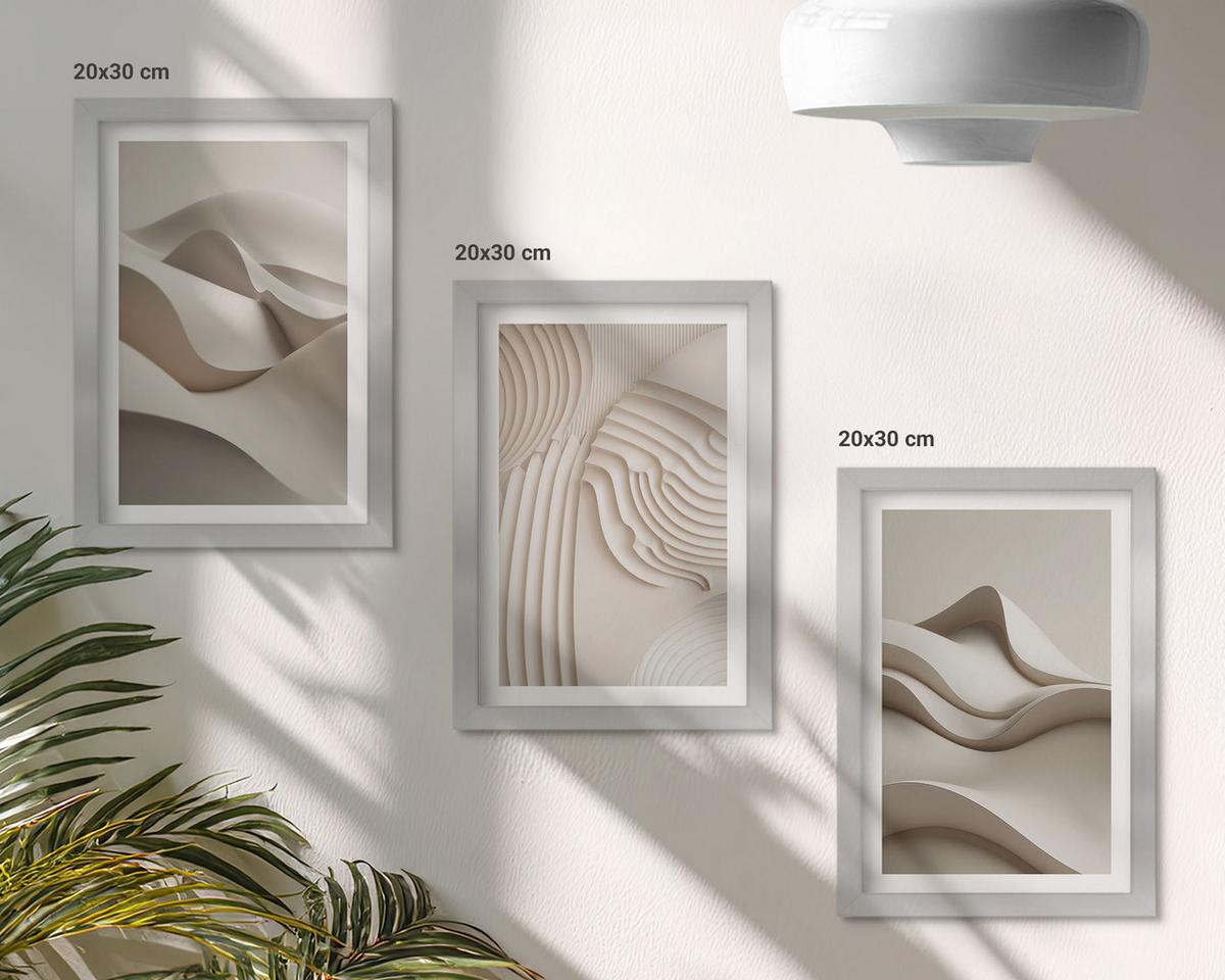 BILDER SET 3er Set - 20x30 cm Silberner Rahmen - Abstrakte beige Wellen - Silberfarben, Kunststoff (20/30cm) - TULUP
