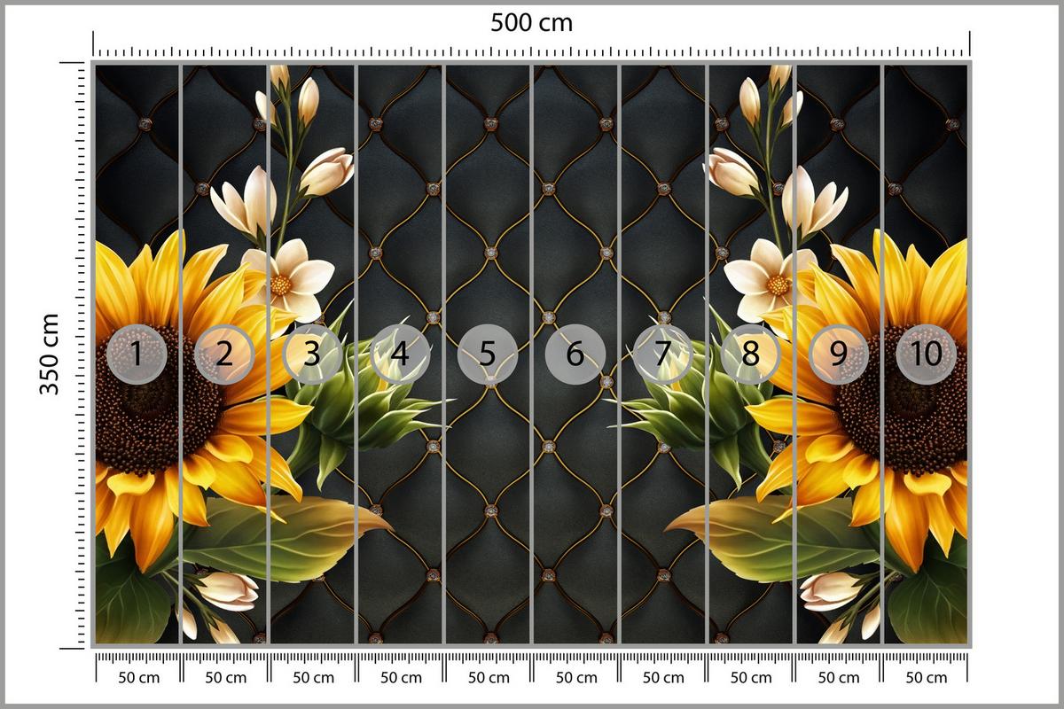 FOTOTAPETE für Küche Blume Sonnenblumen auf gestepptem Hintergrund 500x350 - Gelb/Schwarz, Papier (500/350cm) - Muralo