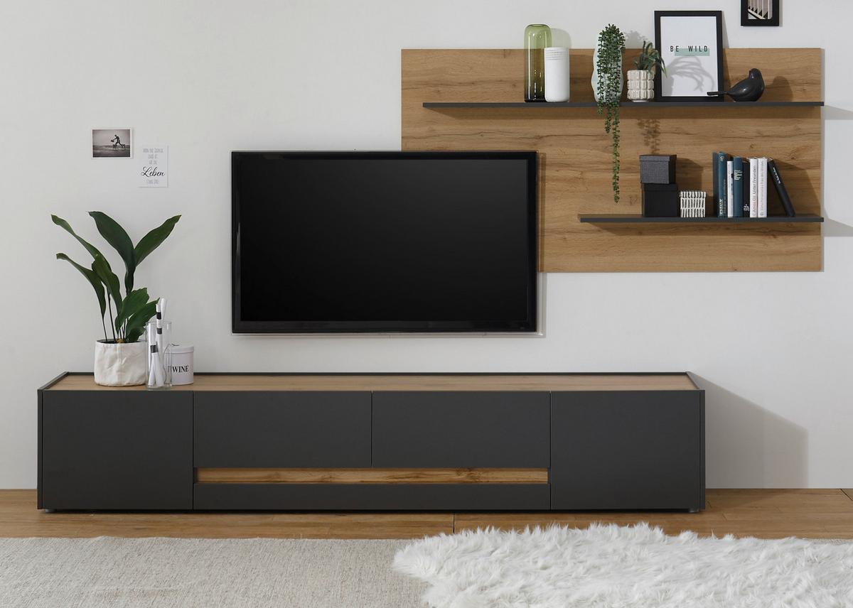 WOHNWAND 2-teilig grau matt, Eiche Wotan 300 cm, Wohnkombination mit XXL Lowboard - Eiche Wotan/Grau, Holz/Holzwerkstoff (300/180/45cm) - Furn.Design