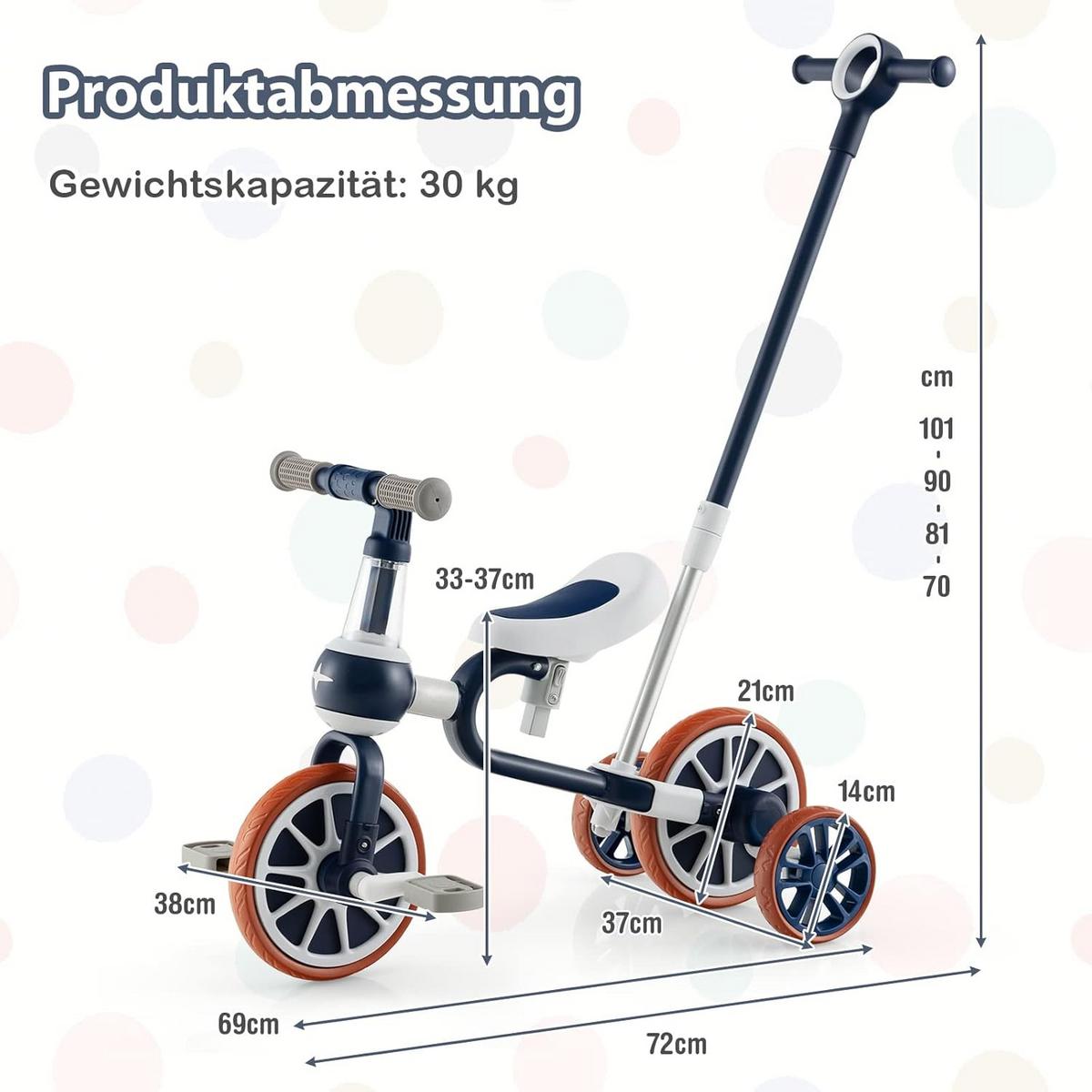 DREIRAD 4 in 1 Kinder dreirad Laufrad Blau - Blau, Kunststoff (37/72/101cm) - COSTWAY