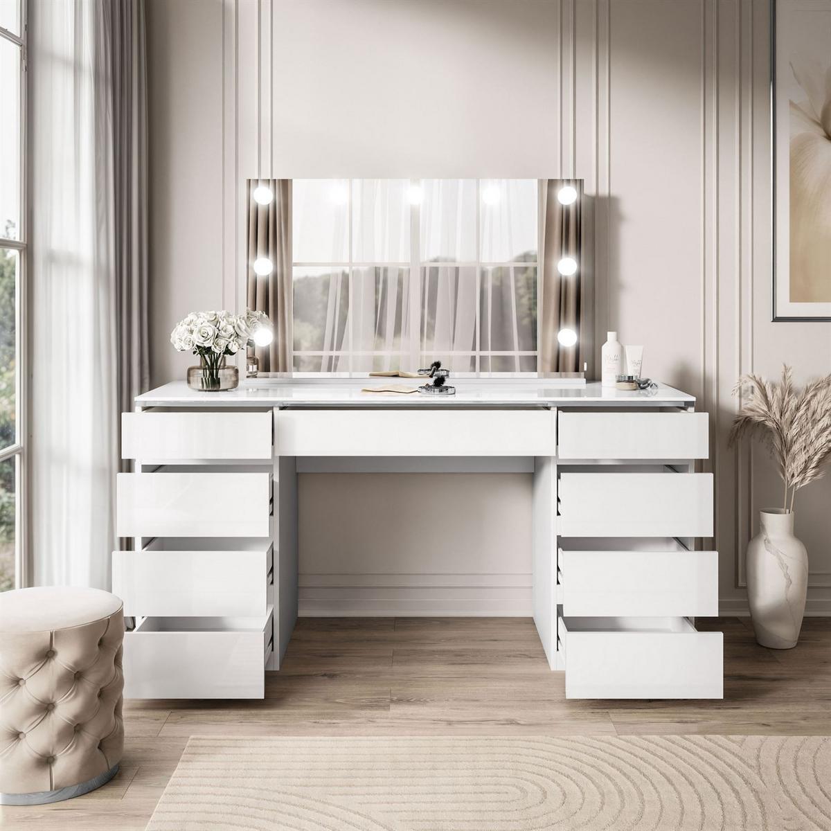 SCHMINKTISCH AURORA DOUBLE SILVER, weiß glänzend - Silberfarben/Weiß, Holzwerkstoff (156.8/79.2/55cm) - Lookway