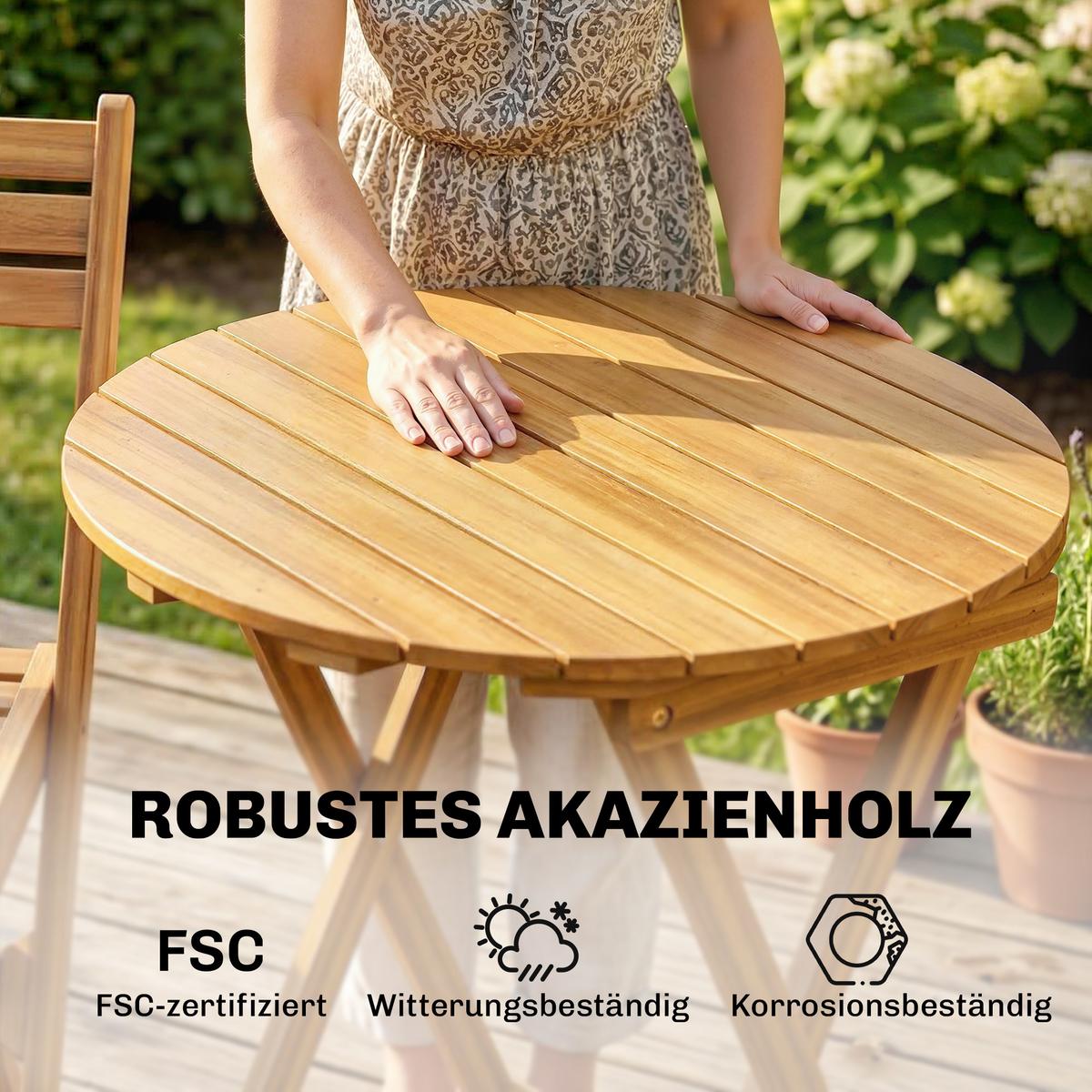 BALKONMÖBEL-SET 3er Set Akazienholz Polyester Naturholz - Beige/Naturfarben, Holz/Textil - Outsunny