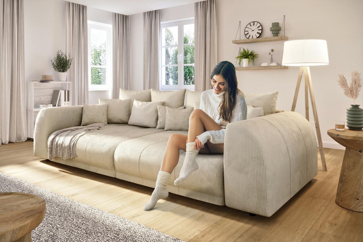 BIGSOFA Levana 5 Sitzer Beige Cord-Stoff - Beige/Schwarz, Holz/Kunststoff (310/86/135cm) - S-Style Möbel