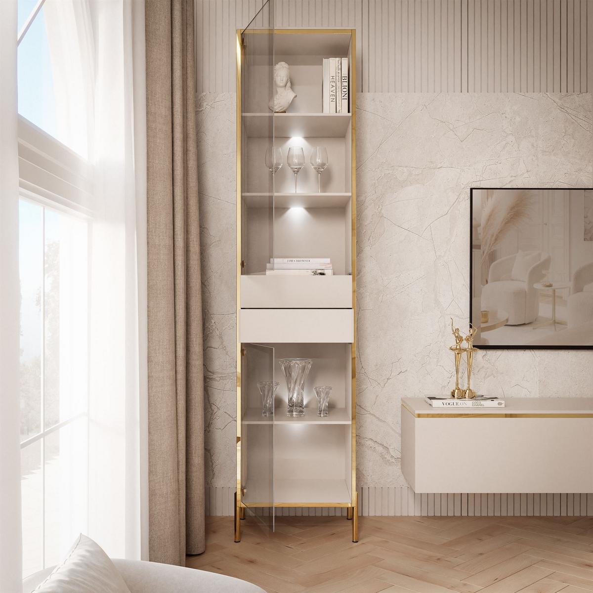 VITRINE AURORA in Kaschmir mit LED-Beleuchtung mit gerade Goldchrom Fuße - Kaschmir/Goldfarben, Holzwerkstoff/Metall (45/195/40cm) - Lookway