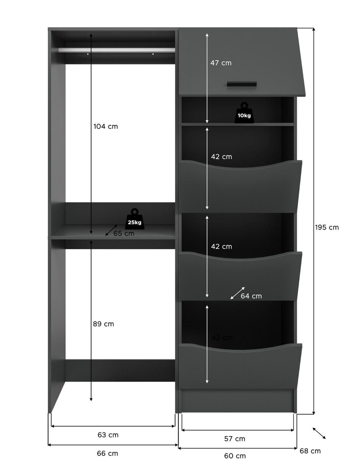 WASCHMASCHINENSCHRANK grau Set 2-teilig 126 x 196 cm, Waschmaschinenumbau mit Wäschefächern - Schwarz/Grau, Holzwerkstoff/Kunststoff (126/196/68cm) - Inn.Furn