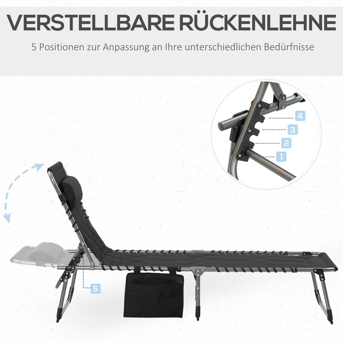 GARTENLIEGE mit Kissen 5-stufige Rückenlehne verstellbar Stahl Oxford-Stoff Schwarz 188 x 57 x 30 cm - Schwarz, Metall (57/30/188cm) - Outsunny