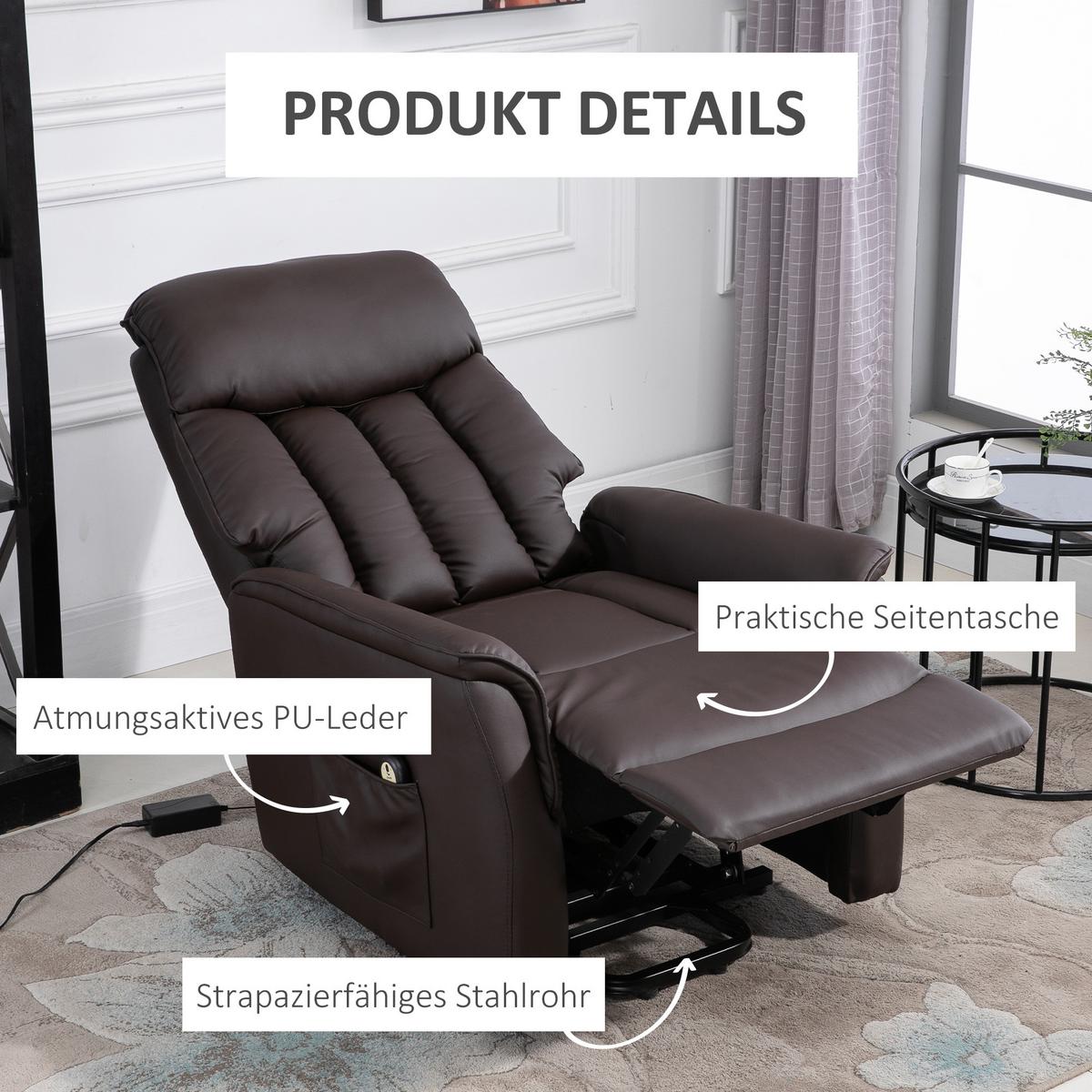 SESSEL mit Aufstehhilfe Kunstleder braun - Schwarz/Braun, Leder/Kunststoff (94/104/80cm) - HOMCOM