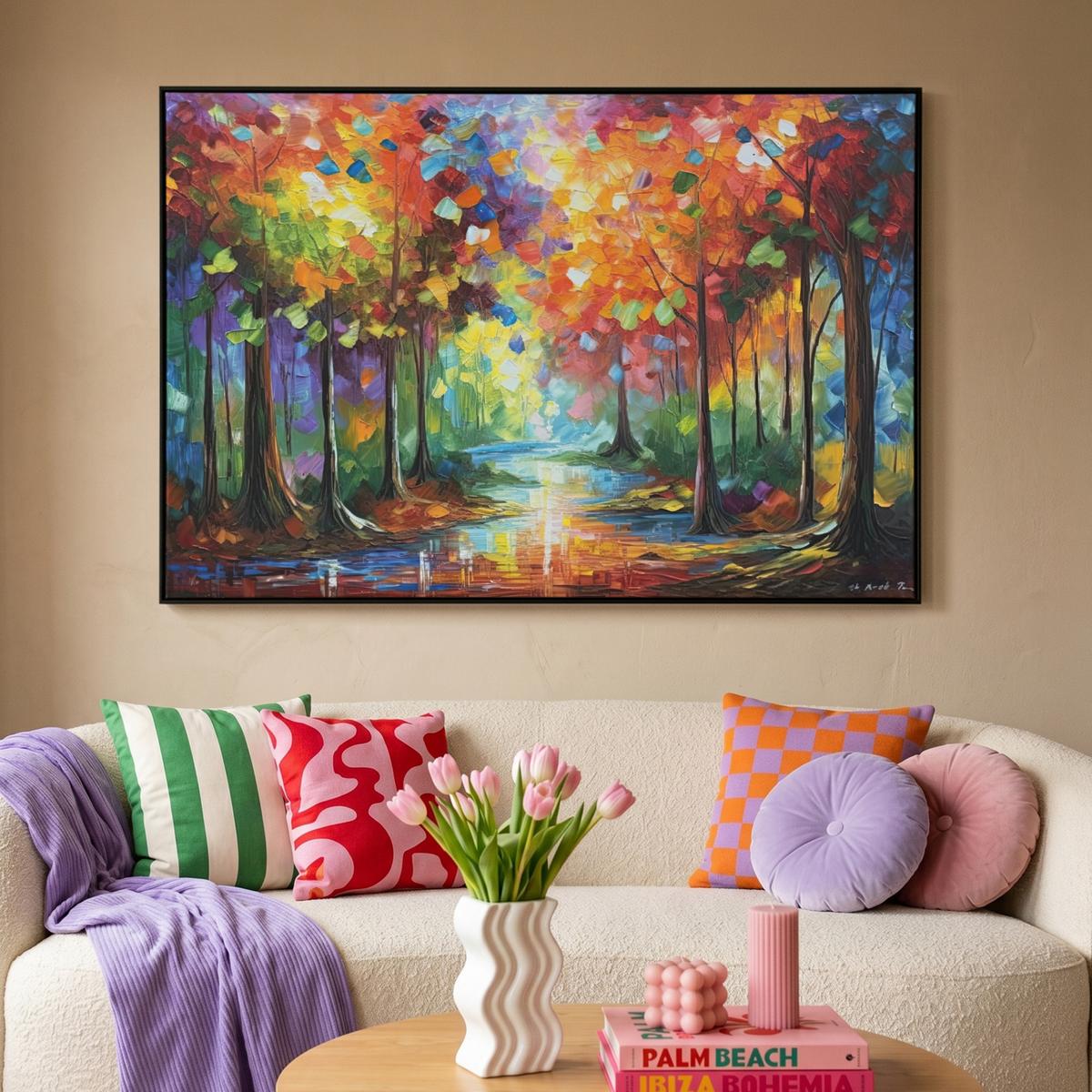 LEINWAND Bilder mit Rahmen - Landschaft - Wald - Farben - Natur - 120x80 - Multicolor, Textil (120/80cm) - MuchoWow