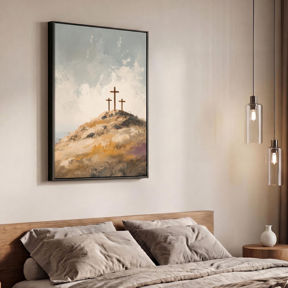LEINWAND Bilder mit Rahmen - Hügel - Abstrakt - Christentum - Kreuz - 70x100 - Hellgrau, Textil (70/100cm) - MuchoWow