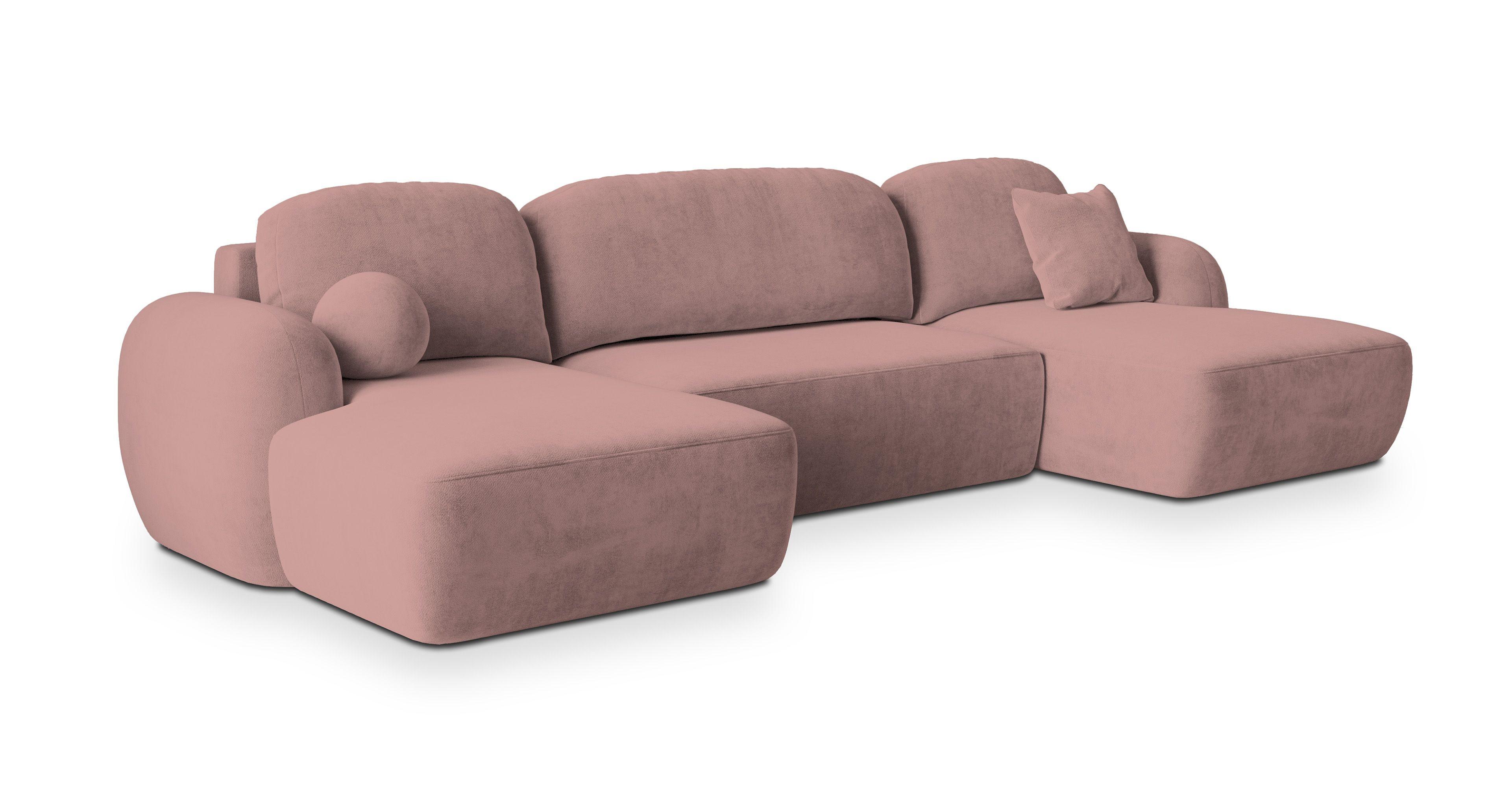 WOHNLANDSCHAFT SAVONA K Rosa Plüsch-Stoff mit Schlaffunktion - Schwarz/Rosa, Holz/Kunststoff (320/90/148cm) - MASSENO