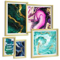 BILDER SET 5er Set - 50x50 cm & 20x30 cm & 40x60 cm Goldrahmen - Abstrakte Muster in Rosa, Grün und Blau - Goldfarben, Kunststoff (40/60cm) - TULUP