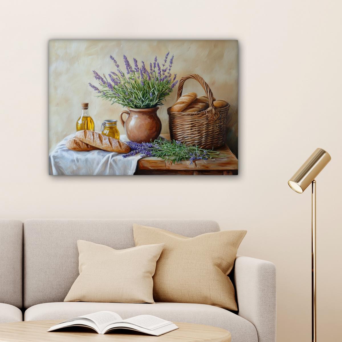 LEINWANDBILD Lavendel - Brot - Stilleben Wandbilder 80x60 cm - Flieder, Textil (80/60cm) - MuchoWow