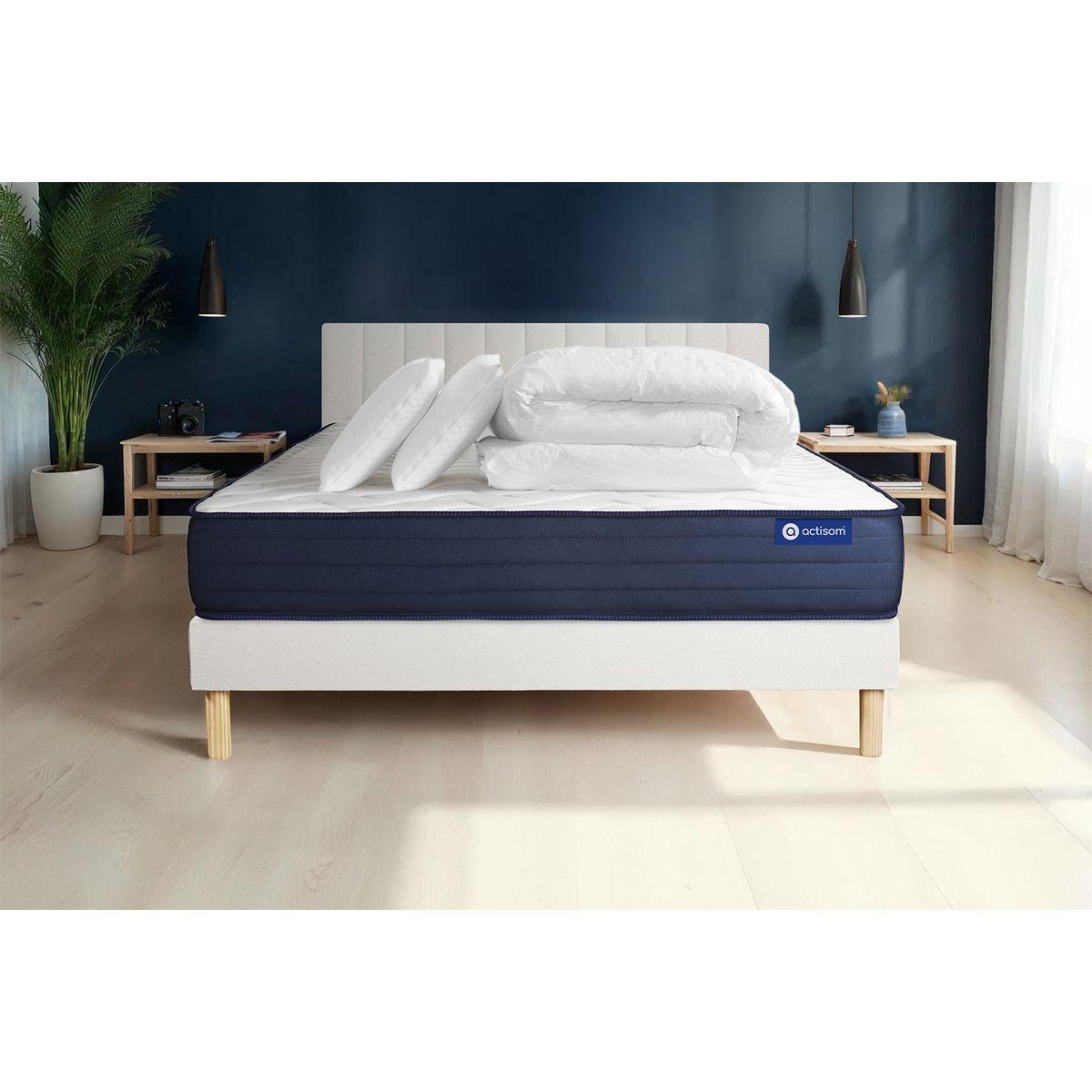 BETT Actimemo life Memory-Schaum 160 x 200 cm h4 - Kit Bettgestell Weiß - Mit Kissen und Bettdecke - Beige/Weiß, Karton/Holz (160/200cm) - ACTISOM