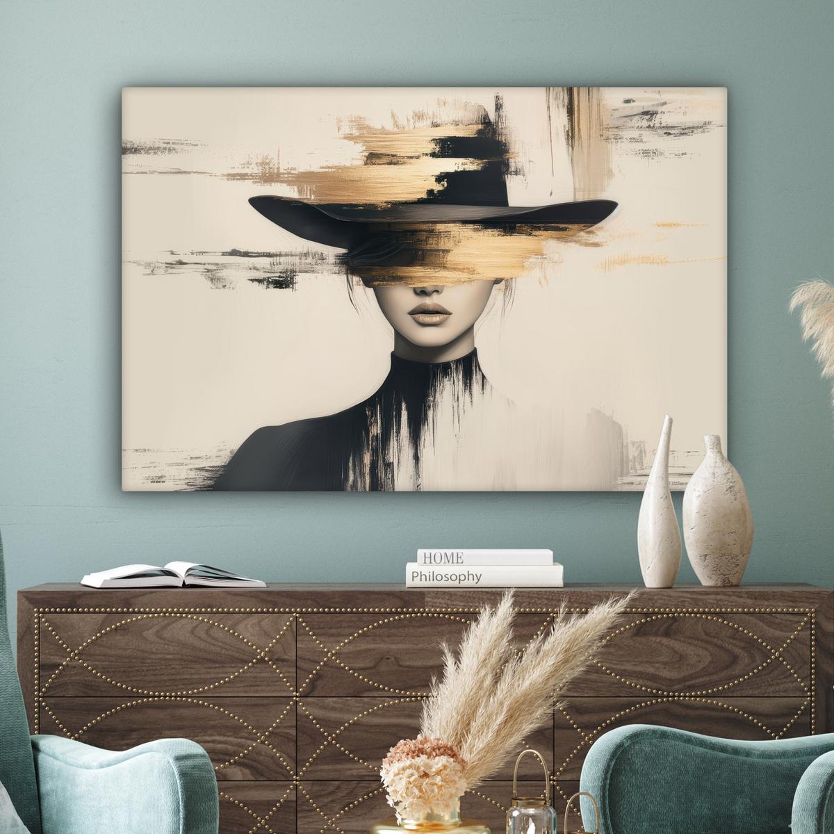 LEINWANDBILD Frau - Hut - Farbe Wohnzimmer Groß 120x80 cm - Goldfarben, Textil (120/80cm) - MuchoWow