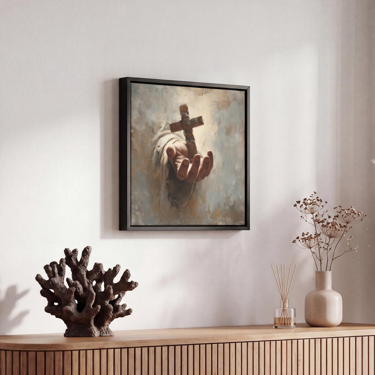 LEINWAND Bilder mit Rahmen - Abstrakt - Kreuz - Hand - Christentum - 20x20 - Hellbraun, Textil (20/20cm) - MuchoWow