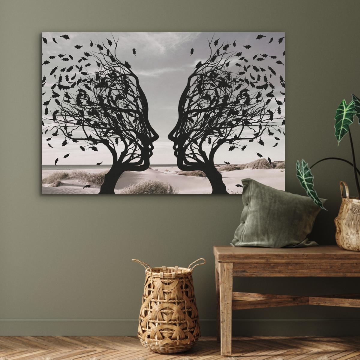 AKUSTIKBILD Strand - Meer - Menschen - Baum - Moderne Kunst Akustikpaneele 90x60 cm - Hellgrau, Kunststoff (90/60/0.9cm) - MuchoWow