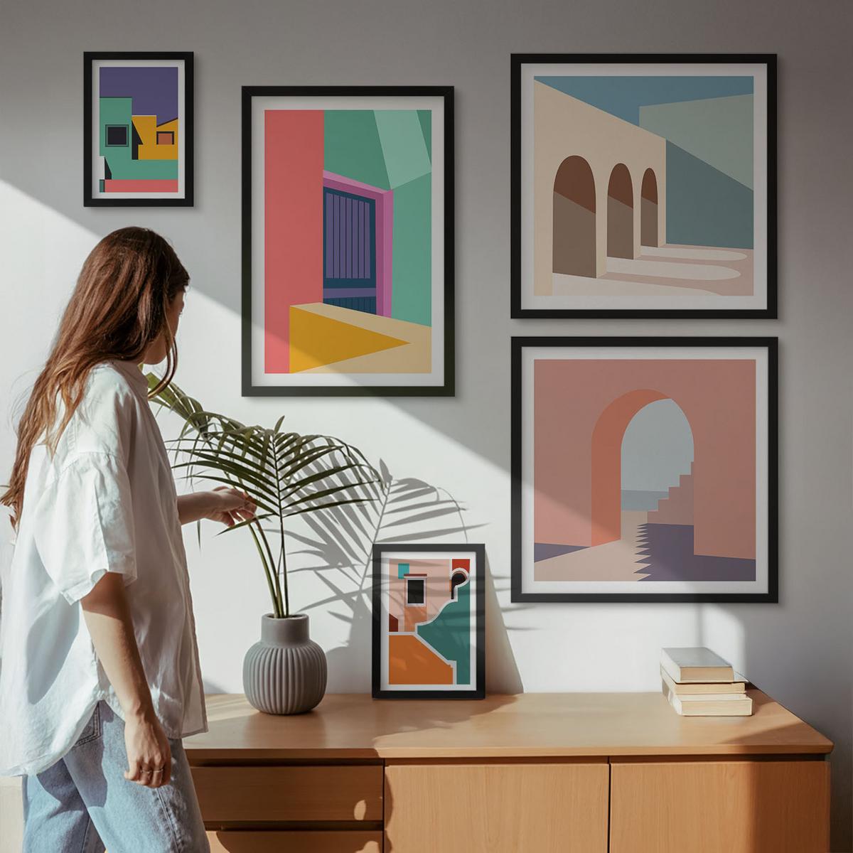 BILDER SET 5er Set - 50x50 cm & 20x30 cm & 40x60 cm Schwarzer Rahmen - Farbenfrohe Illustrationen der Stadt - Schwarz, Kunststoff (40/60cm) - TULUP