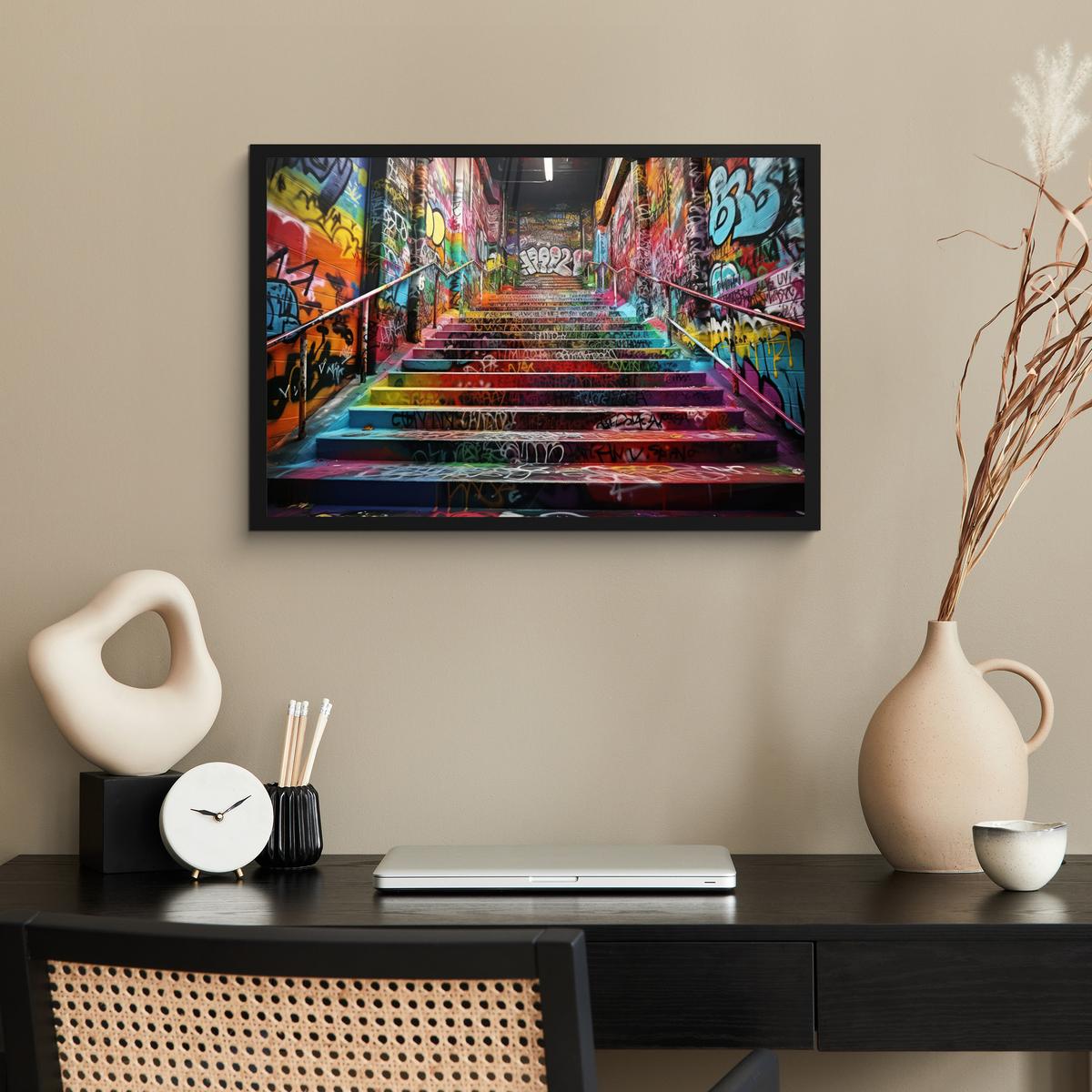 POSTER MIT RAHMENGERAHMTES BILD Treppe - Graffiti - Farben - Kunst 60x40 cm - Multicolor, Papier (60/40cm) - MuchoWow