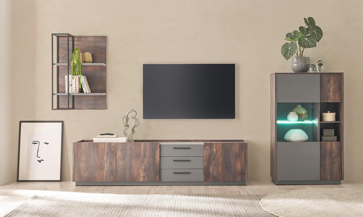 TV-LOWBOARD Thermo Eiche, grau, XL TV Unterteil mit Soft-Close 200 cm - Eichefarben/Schwarz, Holzwerkstoff/Kunststoff (200/50/45cm) - Furn.Design