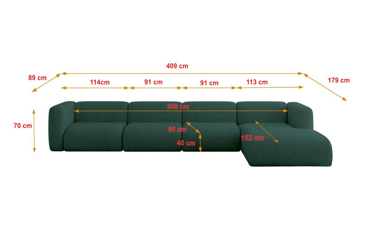 ECKSOFA Ottomane Rechts MIRA-L3 409x179x70 Grün Velours - Dunkelgrün/Schwarz, Holzwerkstoff/Kunststoff (409/179cm) - ALTDECOR