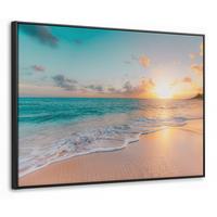 LEINWAND Bilder mit Rahmen - Sonnenuntergang - Strand - Meer - Sommer - Blau - 100x70 - Multicolor, Textil (100/70cm) - MuchoWow