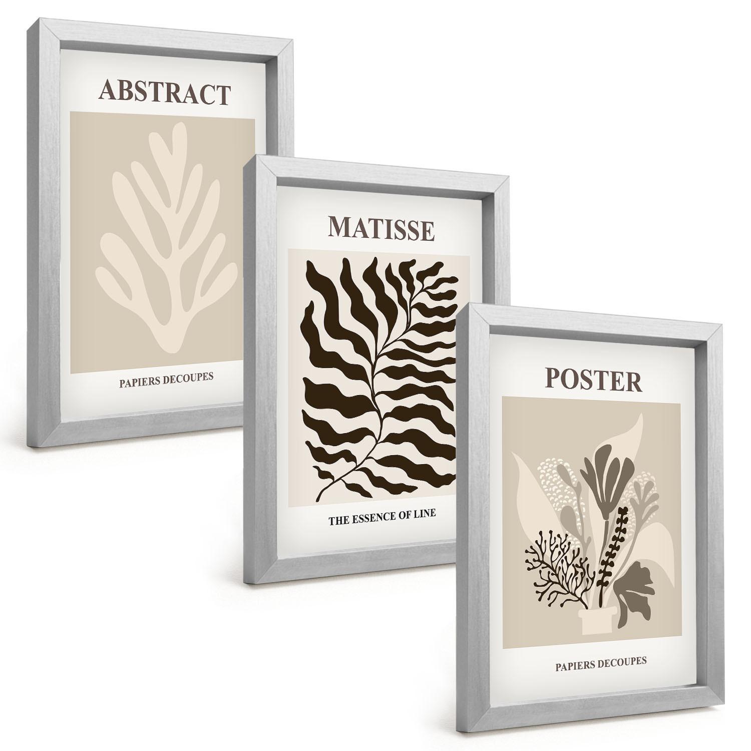 BILDER SET 3er Set - 20x30 cm Silberner Rahmen - Beige-braune Pflanzenmuster - Silberfarben, Kunststoff (20/30cm) - TULUP