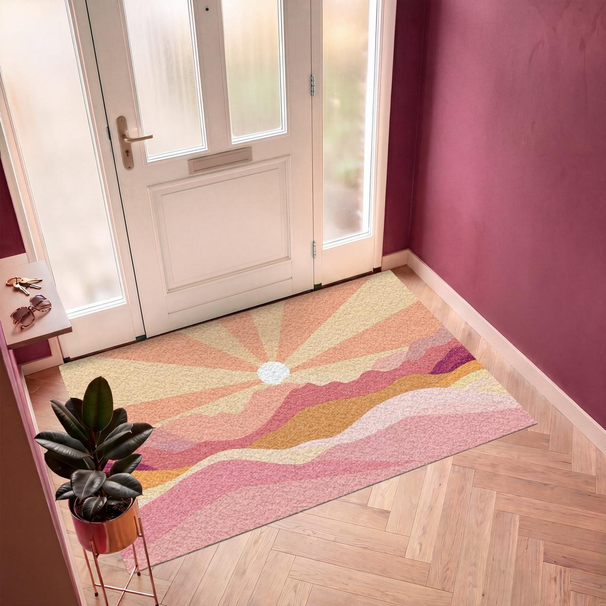 FUSSMATTE Berge - Abstrakt - Sonnenstrahlen - Rosa Sauberlaufmatte 180x120 cm - Rosa, Kunststoff (180/0.4cm) - MuchoWow