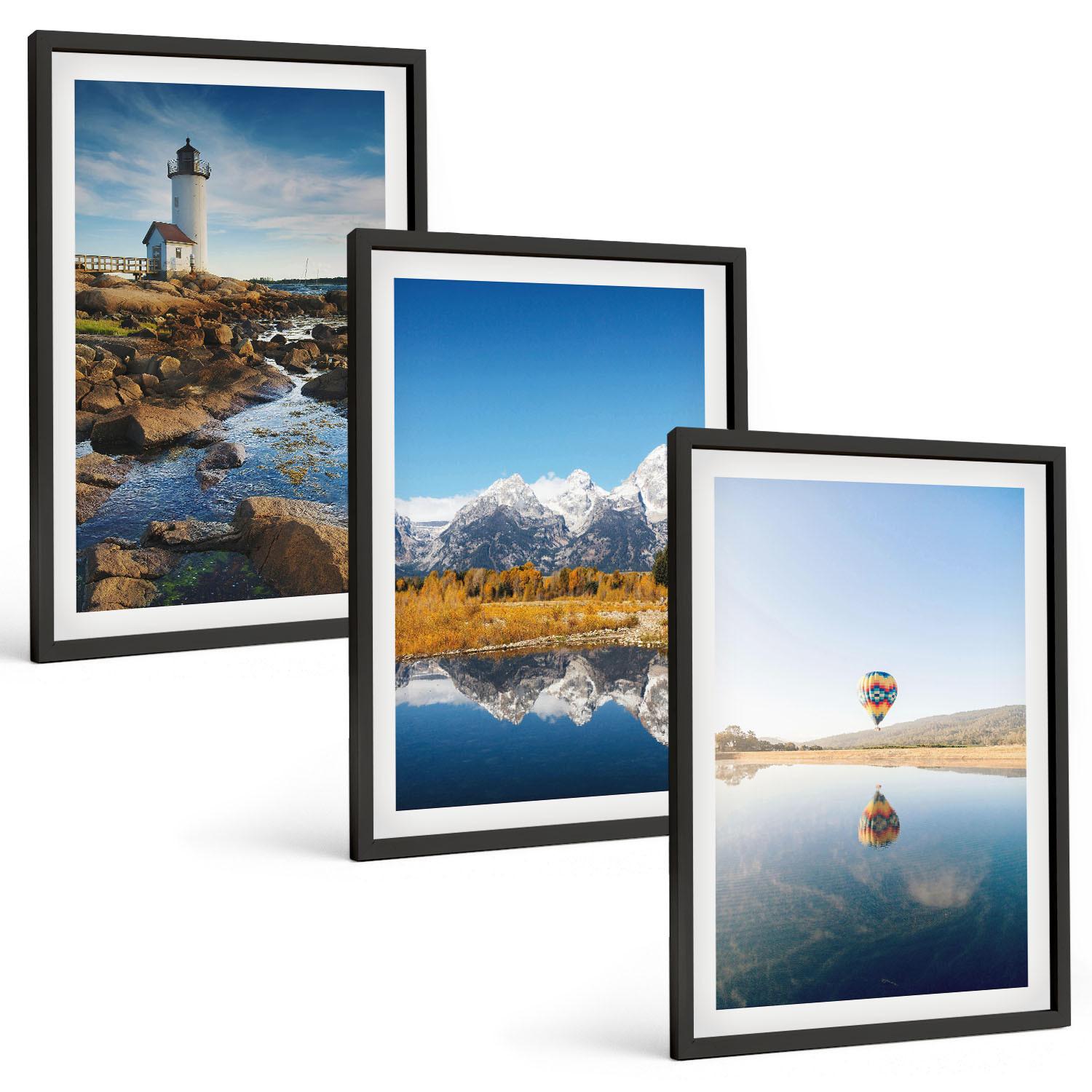 BILDER SET 3er Set - 40x60 cm Schwarzer Rahmen - Naturansichten, Leuchtturm, Berge, Ballonfahrt - Schwarz, Kunststoff (40/60cm) - TULUP