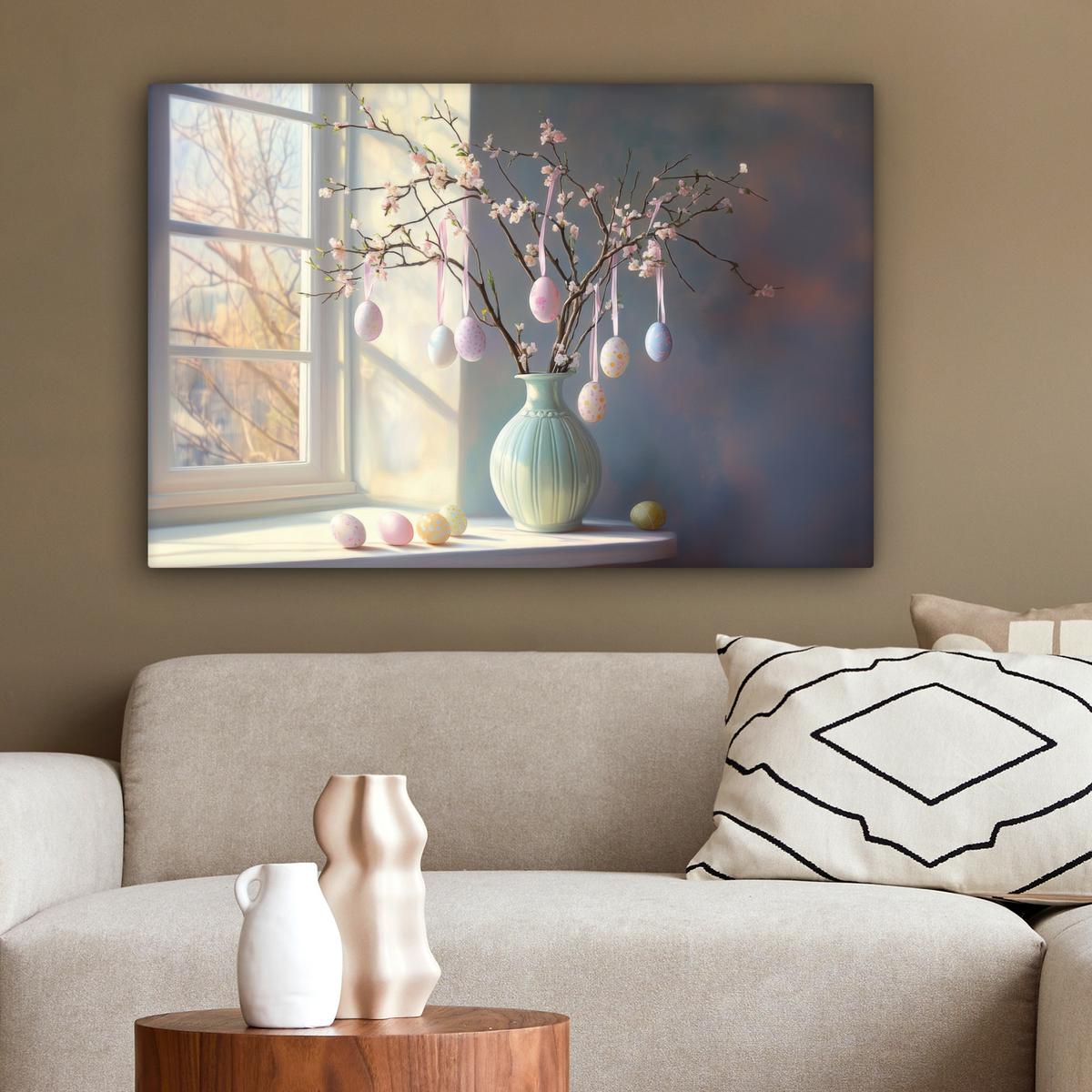 LEINWANDBILD Stillleben - Vase - Osterzweig Wanddeko 90x60 cm - Hellblau, Textil (90/60cm) - MuchoWow