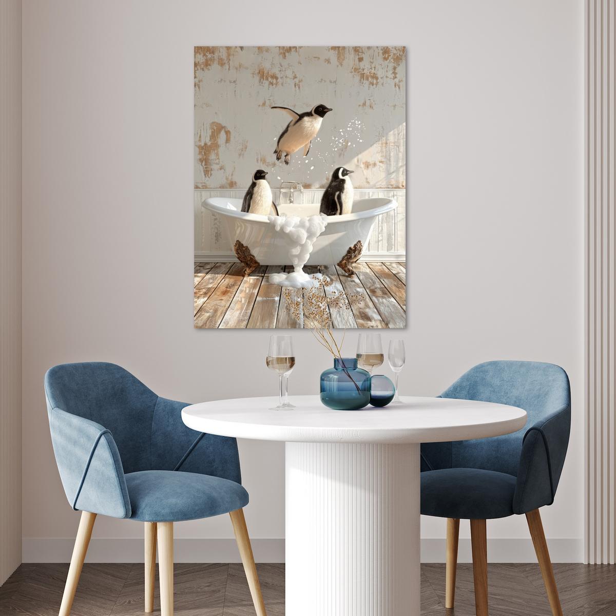 POSTER Vintage - Pinguin - Badewanne - Schaumstoff Deko Wohnzimmer 60x80 cm - Schwarz, Papier (60/80/0.1cm) - MuchoWow