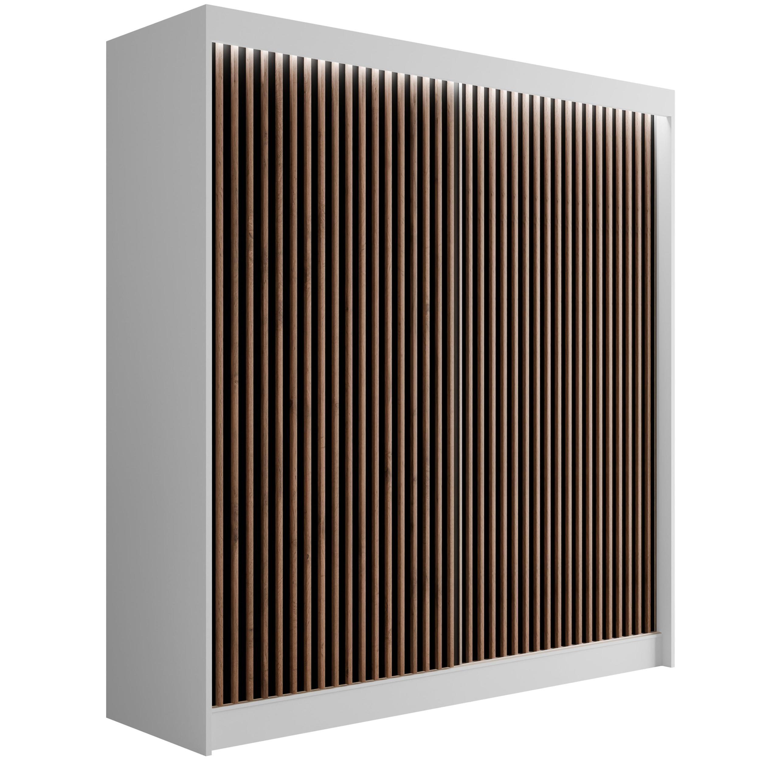 KLEIDERSCHRANK mit LED, Lamel-Schiebetüren VILANv2 - 200 cm Weiß + Lamelle Eiche Wotan - Eiche Wotan/Weiß, Holzwerkstoff (200/215/61cm) - ALTDECOR