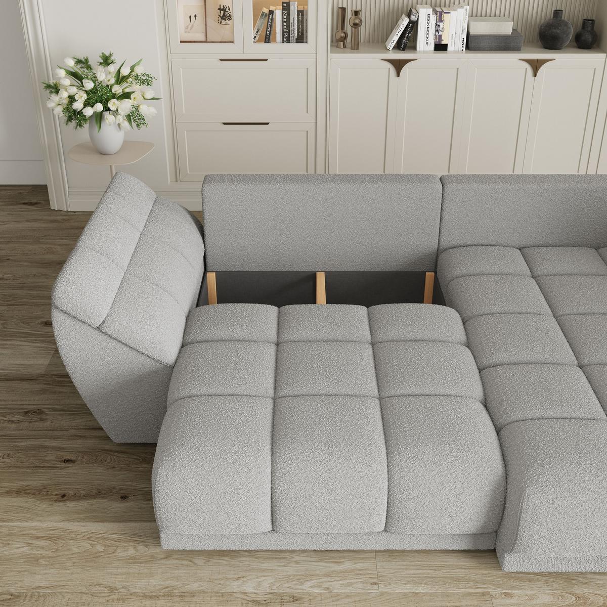 ECKSOFA ORENTI R-S Hellgrau Boucle-Stoff mit Schlaffunktion - Hellgrau, Holz (287/182cm) - MASSENO