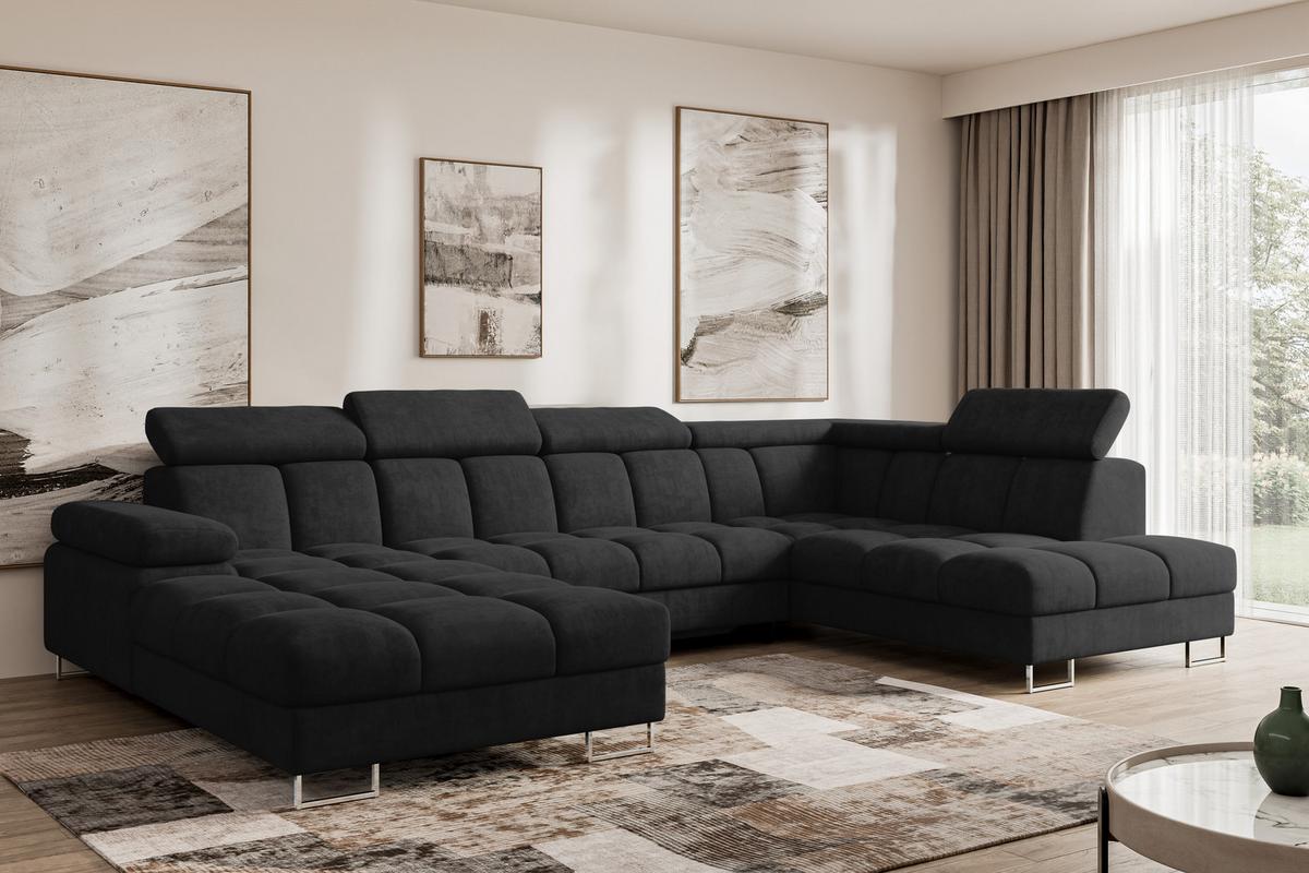 WOHNLANDSCHAFT mit Schlaffunktion und Bettkasten Ottomane RECHTS COMA U 345x203x79 Schwarz Velours - Schwarz, Holzwerkstoff/Textil (203/79/345cm) - ALTDECOR