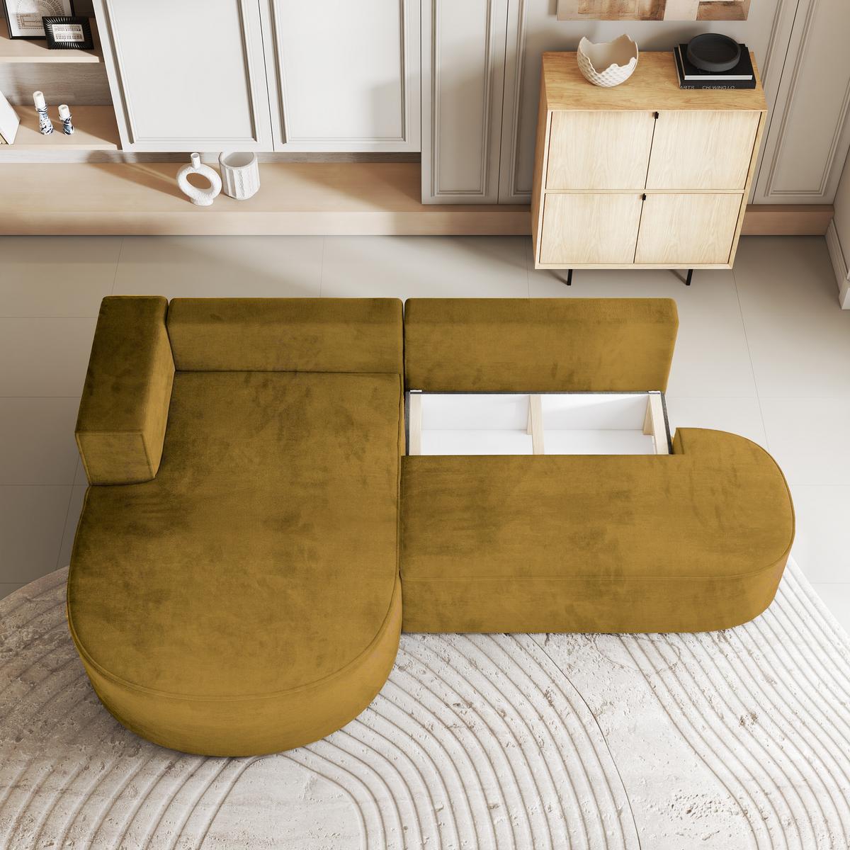 ECKSOFA CORTIO M L-S Gelb Velours-Stoff mit Schlaffunktion - Gelb/Grau, Holz/Kunststoff (265/174cm) - MASSENO