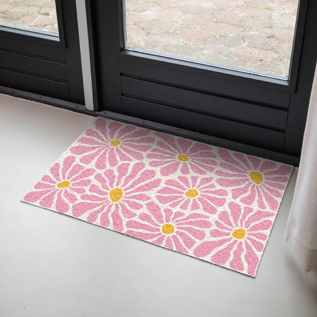 FUSSMATTE Blumen - Muster - Rosa - Beige - Orange Sauberlaufmatte 90x60 cm - Rosa, Kunststoff (90/0.4cm) - MuchoWow