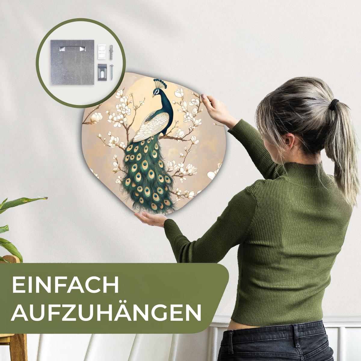 WANDBILD Pfau - Zweig - Blumen Wanddeko 40x40 cm - Champagner, Kunststoff (40/40cm) - MuchoWow