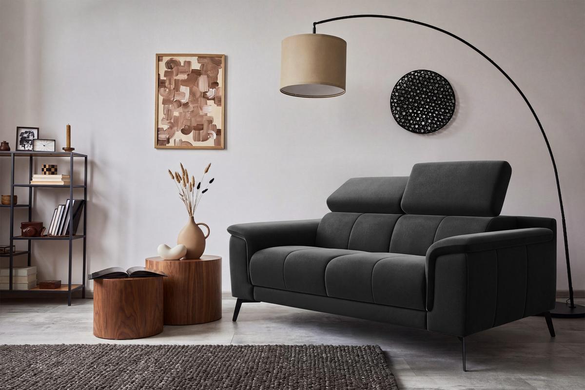 SOFA FIERO 2-Sitzer, Schwarzer Veloursstoff - Schwarz, Holz/Textil (170/82/103cm) - Courtois Laville