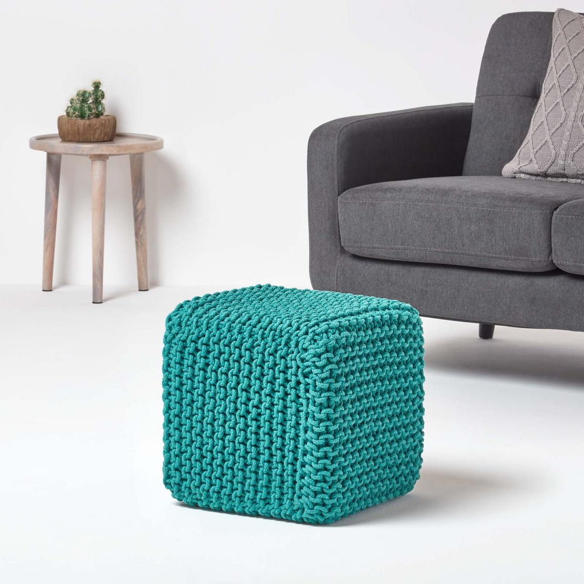STRICK-POUF petrol-grün, Sitzwürfel 35/35/35 cm - Grün, Textil (35/35/35cm) - Homescapes