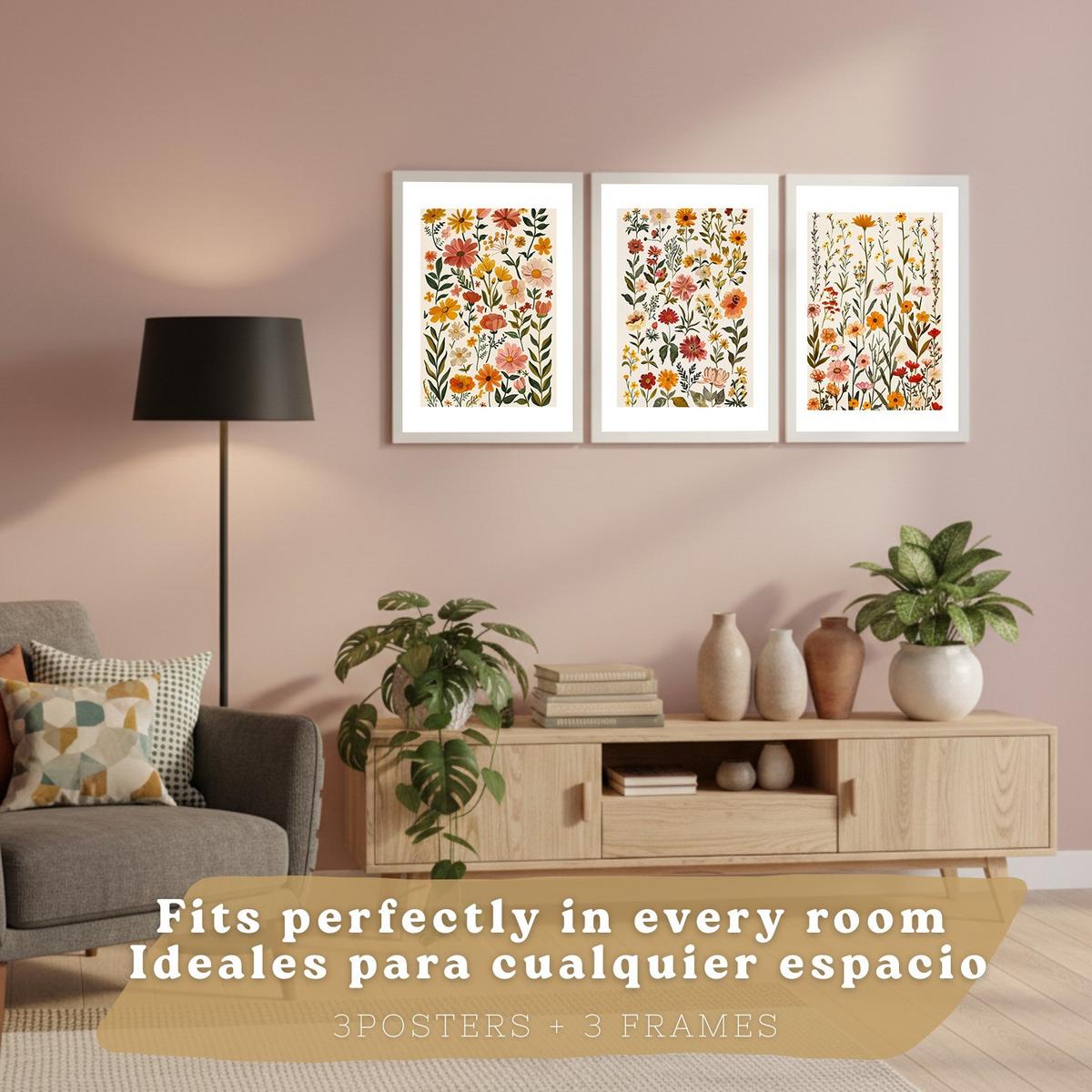 POSTER 3er-Set Wandbilder Wildblumen modern Wohnzimmer Deko, Schlafzimmer, Küche, Badezimmer Weißer Rahmen A4 - Weiß, Papier (29.7/1/21cm) - Nacnic