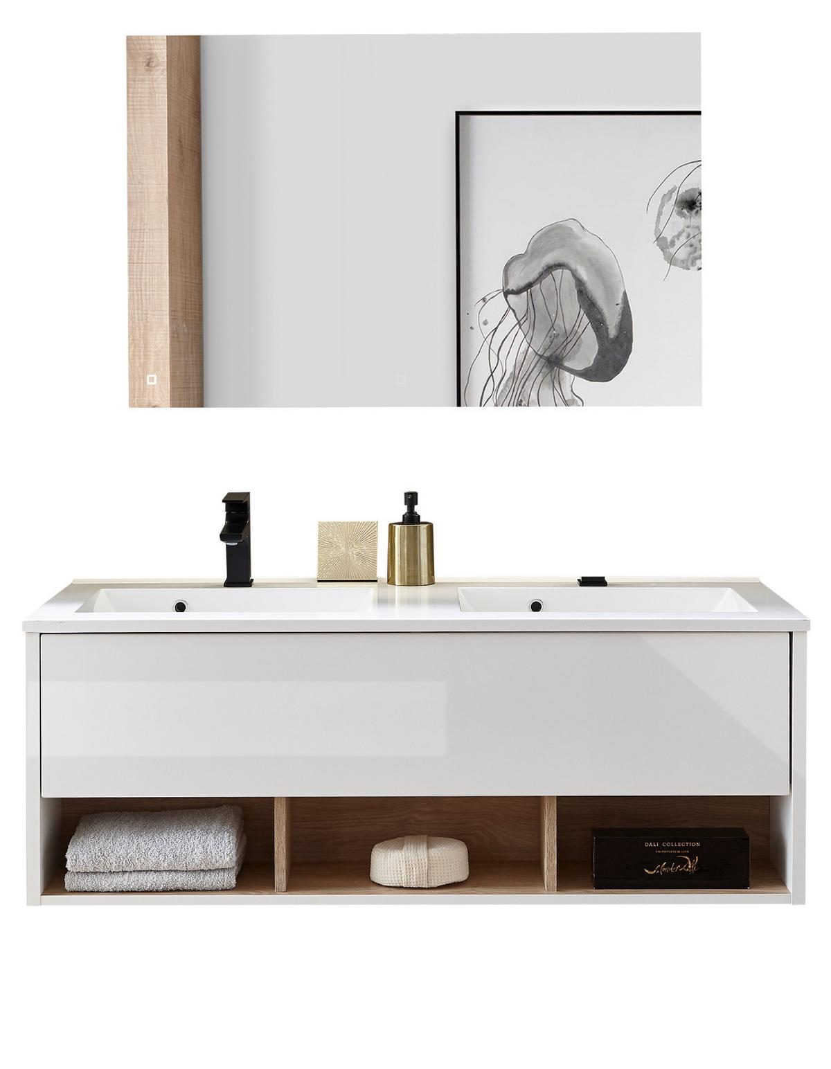 BADMÖBEL-SET 2-teilig weiß Hochglanz, Eiche, Set mit Doppelwaschbecken, LED Beleuchtung - Weiß Hochglanz, Glas/Holzwerkstoff (120/190/47cm) - Furn.Design